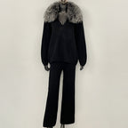 OFTBUY New Women's Knit Two Piece Set with Real Fox Fur Collar Loose Pants Warm Winter Elegant Casual Outfit Sweater Female