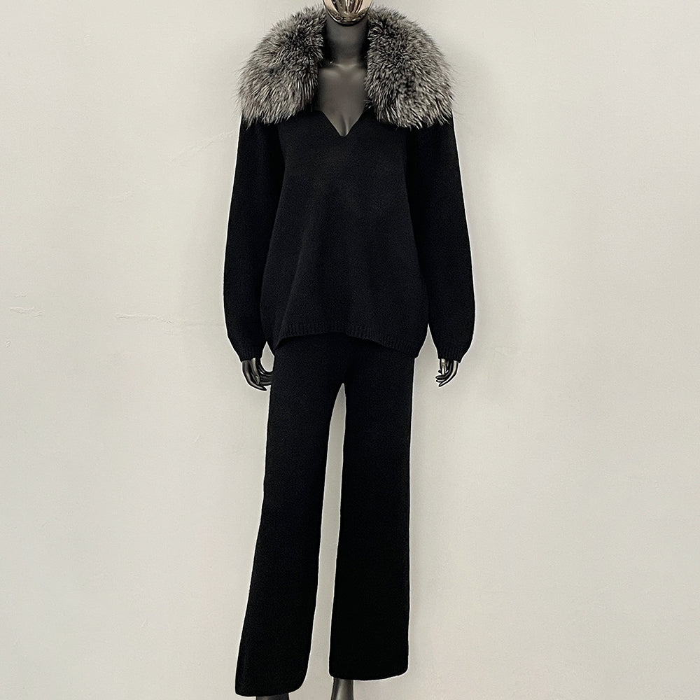 OFTBUY New Women's Knit Two Piece Set with Real Fox Fur Collar Loose Pants Warm Winter Elegant Casual Outfit Sweater Female