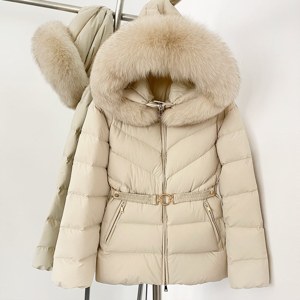 OFTBUY Belt Slim Hooded Real Fox Fur Collar Jacket Female New Winter Top Clothing Women Thickened Warm Raccoon Fur Fluffy Coat