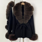 OFTBUY Belt Knit Warm Winter Luxury Casual Fashion Outerwear Sweater Female New Women's Knit Coat with Large Real Fox Fur Collar