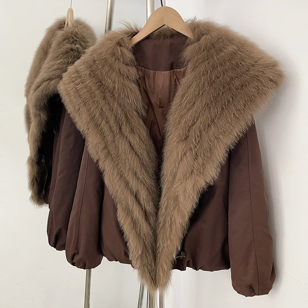 OFTBUY Luxury Oversized Real Fox Fur Collar Duck Down Cropped Jacket - 90% Duck Down Fill Winter Puffer Coat