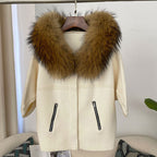 OFTBUY Autumn Winter Real Fox Raccoon Fur Collar Coat Knitted Sweater Women Short Sleeve Jacket Thick Warm Outerwear Streetwear