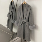 OFTBUY New Women's Double-Faced Wool Coat with Real Fox Fur Cuffs Belted Warm Winter Elegant Fashion Outerwear Wool Jacket Lady