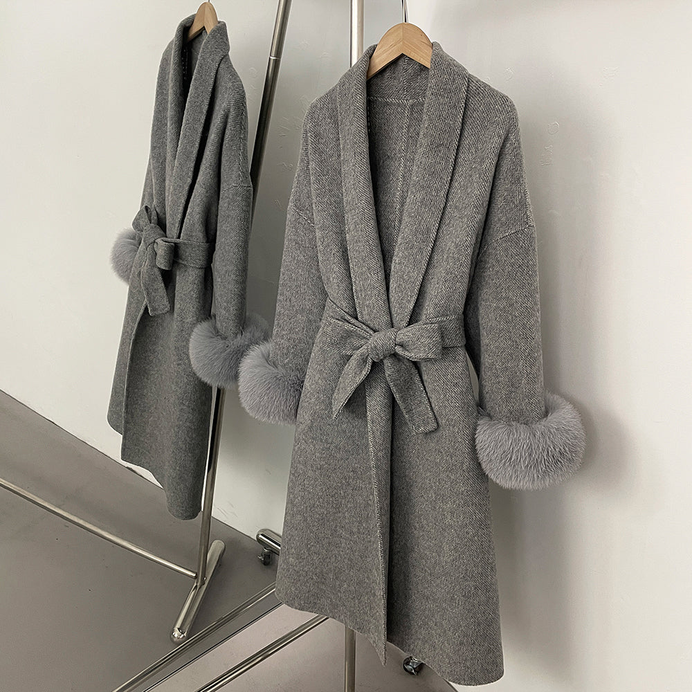 OFTBUY New Women's Double-Faced Wool Coat with Real Fox Fur Cuffs Belted Warm Winter Elegant Fashion Outerwear Wool Jacket Lady