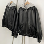 OFTBUY Detachable Hood Color Block Design New Women's Faux Leather Bomber Jacket Zipper Elastic Hem Casual Streetwear Outerwear