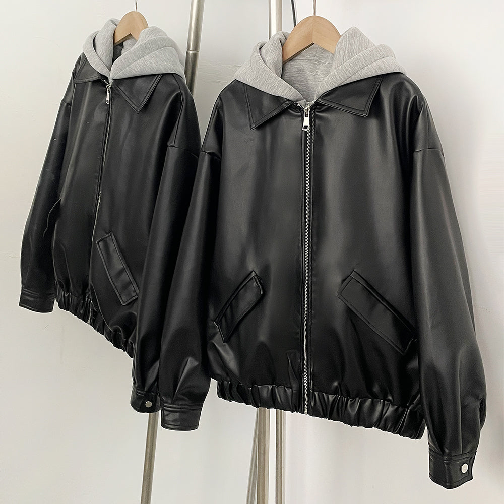 OFTBUY Detachable Hood Color Block Design New Women's Faux Leather Bomber Jacket Zipper Elastic Hem Casual Streetwear Outerwear