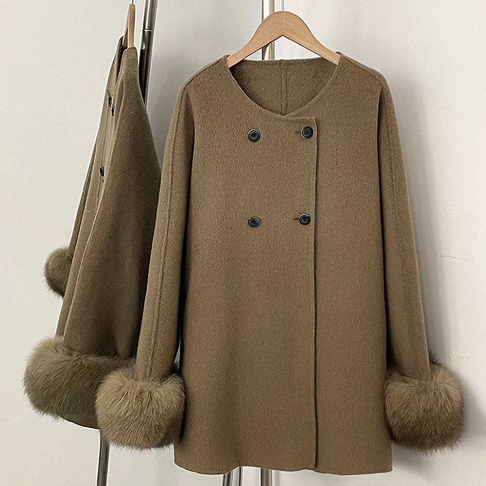 OFTBUY New Women's Double-Faced Wool Coat with Real Fox Fur Cuffs Round Neck Warm Winter Elegant Fashion Outerwear Woolen Coat