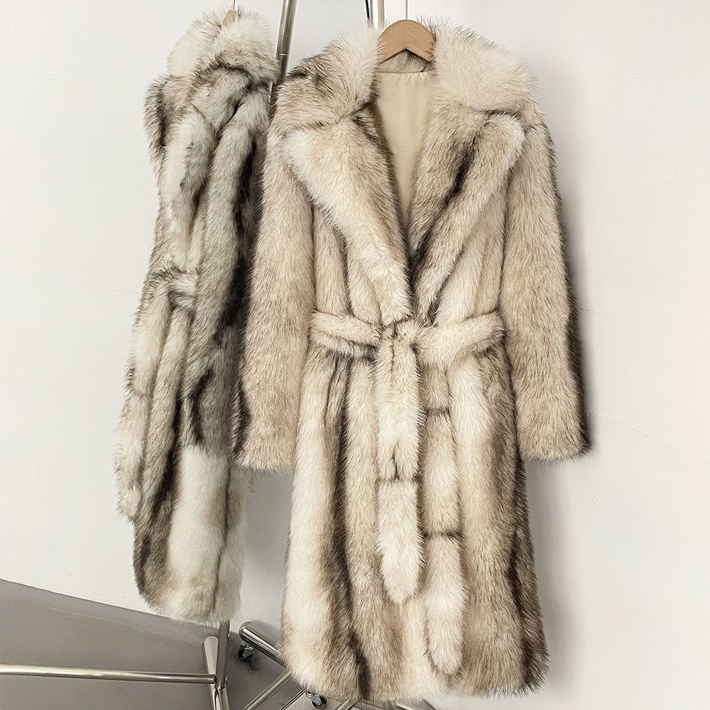 OFTBUY Luxury Long-Length Belted Faux Fur Coat - Premium Vegan Silver Fox Style Overcoat with Oversized Lapel