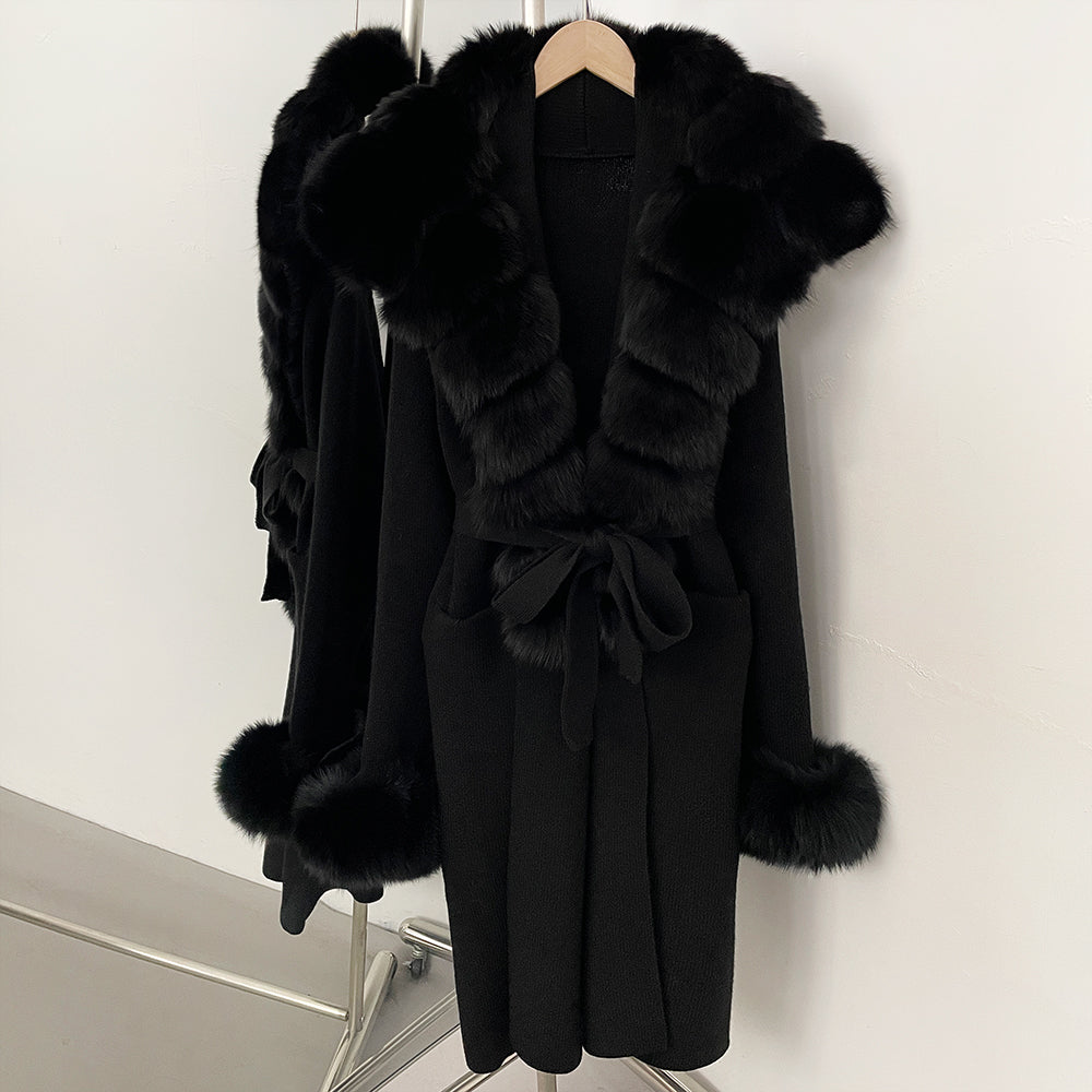 OFTBUY Fashion Warm Belt Real Fox Fur Cardigan New Natural Fur Collar Long Knit Jacket Women Atrumn Winter Top Clothing Female