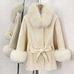 OFTBUY New Autumn Winter Top Clothes Women Fashion Warm Belt Real Fox Fur Double-Faced Wool Capr Jacket Female Loose Woolen Coat