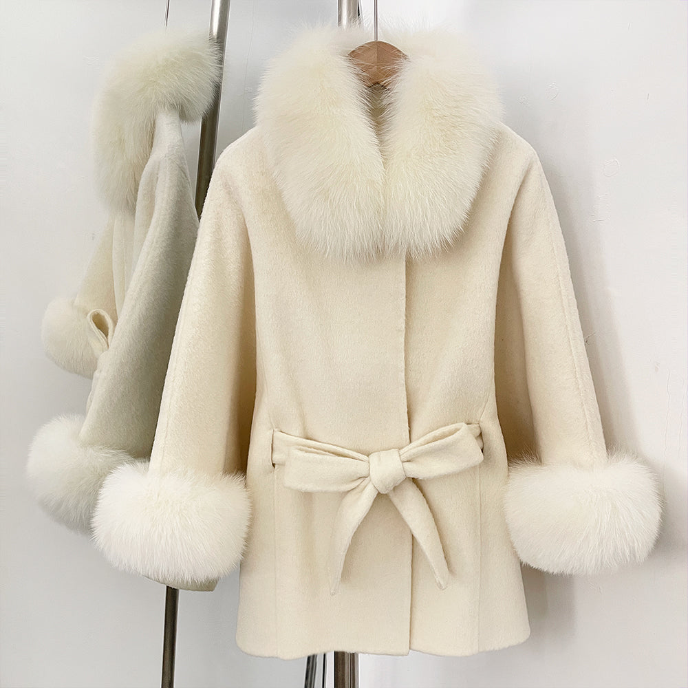OFTBUY New Autumn Winter Top Clothes Women Fashion Warm Belt Real Fox Fur Double-Faced Wool Capr Jacket Female Loose Woolen Coat