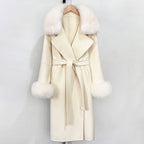 OFTBUY Fashion Warm Wool Coat with Real Fox Fur Collar New Autumn Winter Long Clothing Women Belt Elegant Woolen Jcacket Female