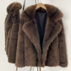 Front view of premium coffee brown faux fur jacket with oversized lapel