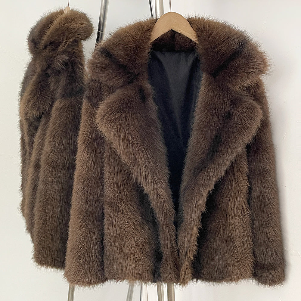 Front view of premium coffee brown faux fur jacket with oversized lapel