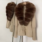 OFTBUY Luxury 100% Cotton Jacket with Real Fox Fur Collar New Autumn Winter Knit Cardigan Women Slim Warm Sweater Outerwear Lady