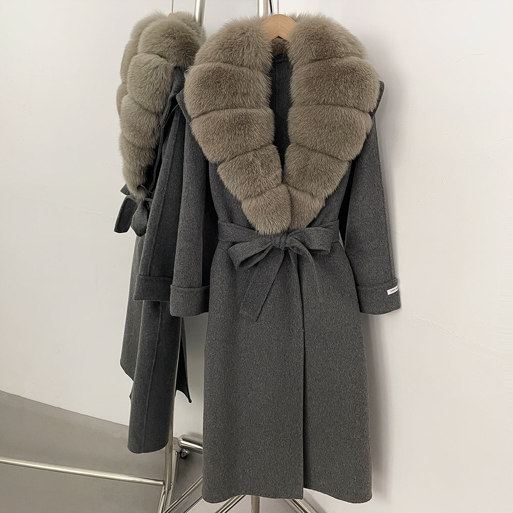 OFTBUY Belted Elegant Warm Outerwear Coat Female Women's Luxury Double-Faced Wool Jacket Winter Oversized Real Fox Fur Collar