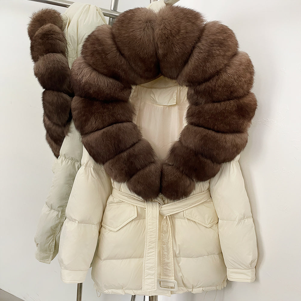 OFTBUY Thick Warm Mid-Long Puffer Coat Real Fox Fur Collar White Duck Down Coat Female Loose Warm Hooded Parkas With Belt
