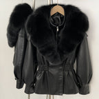 OFTBUY Women's Luxury Real Fox/Raccoon Fur Faux Leather Jacket Elastic Waist New Winter Coat Elegant PU Leather Outerwear Female