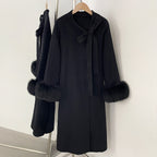 OFTBUY New Women's Double-Faced Wool Coat with Real Fox Fur Design Belted Bow Warm Winter Elegant Fashion Outerwear Woolen Coat