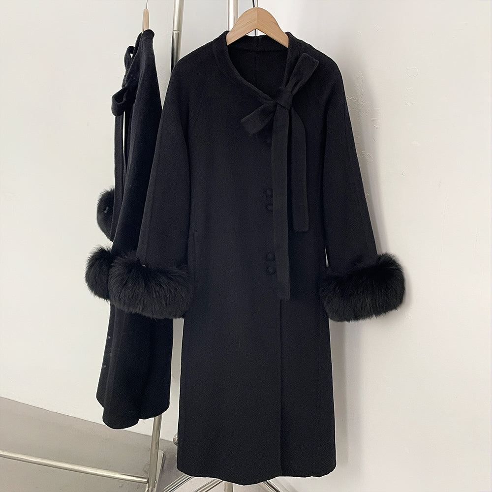 OFTBUY New Women's Double-Faced Wool Coat with Real Fox Fur Design Belted Bow Warm Winter Elegant Fashion Outerwear Woolen Coat
