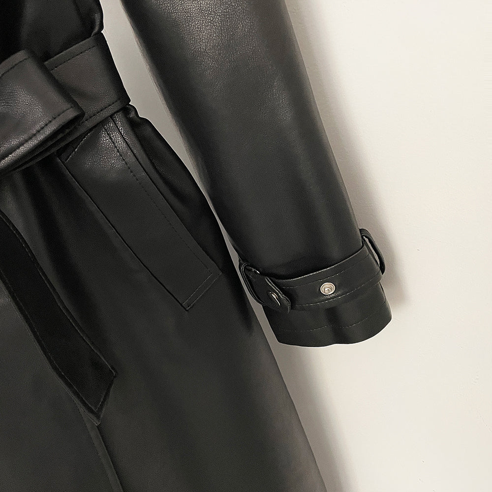 OFTBUY Long Faux Leather Jacket with Faux Fur Collar New Autumn Winter Clothes Women Fashion Belt Pocket Coat Female Streetwear