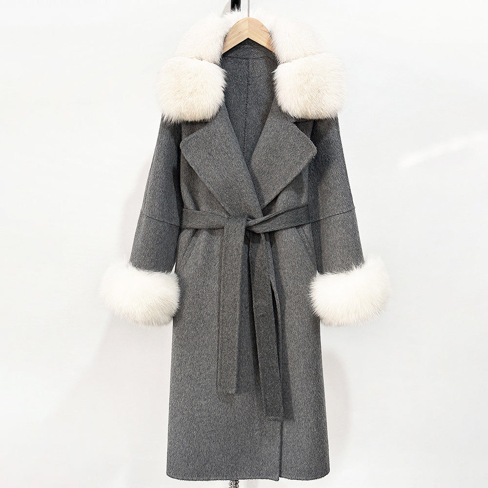 OFTBUY Belted Long Warm Winter Elegant Fashion Outerwear New Women's Double-Faced Wool Coat with Real Fox Fur Collar and Cuffs