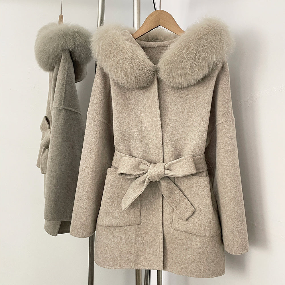 OFTBUY New Autumn Winter Top Clothes Female Hooded Natural Fur Collar 100% Wool Jacket Women Belt Real Fox Fur Woolen Coat