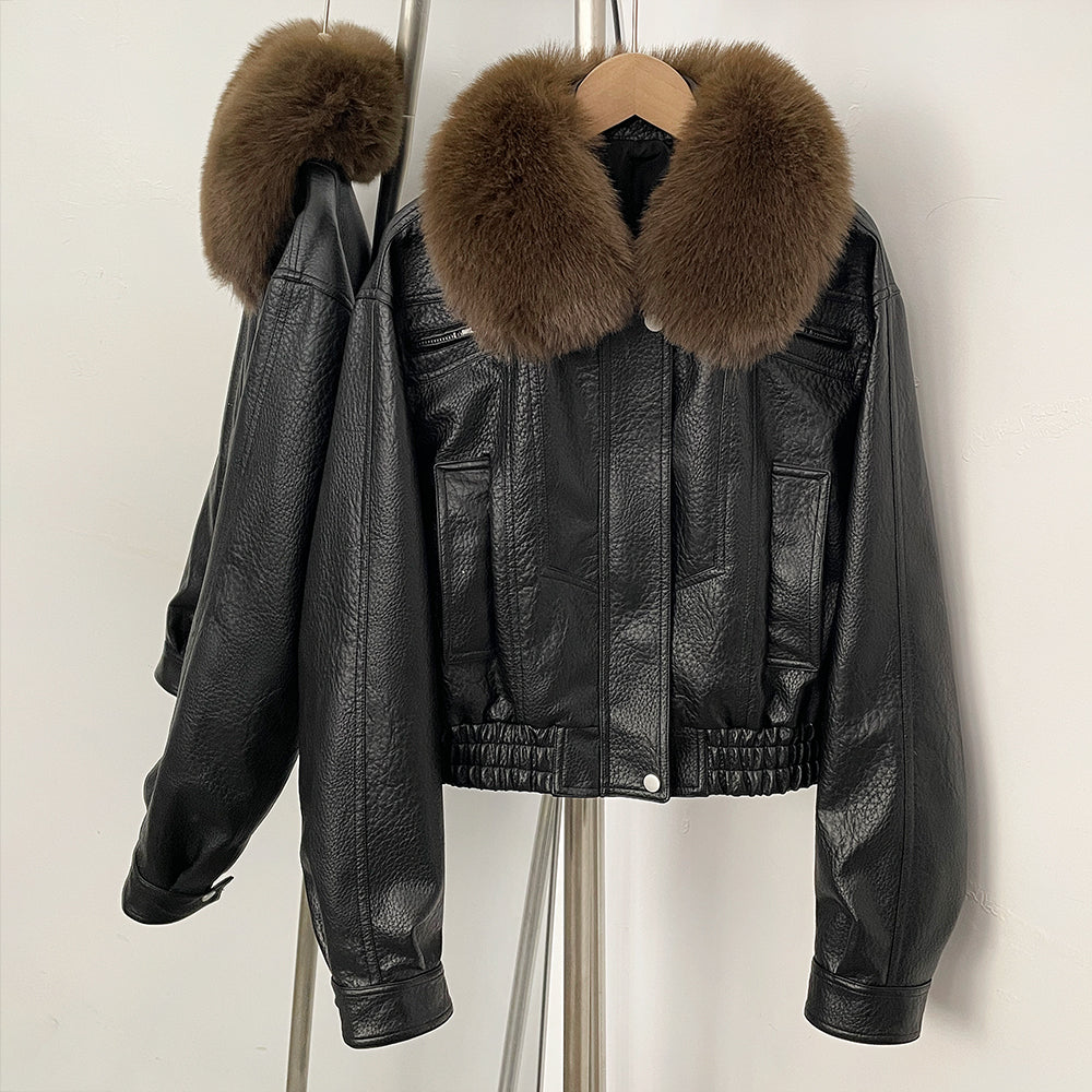 OFTBUY New Spring Autumn Short Top Clothes Women Fashion Pu Leather Jacket with Faux Fur Collar Biker Fake Leather Coat Female
