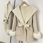 OFTBUY Belted Bow Pockets Winter Elegant Outerwear Jacket Female New Women's Wool Coat with Contrast Hood Real Fox Fur Cuffs