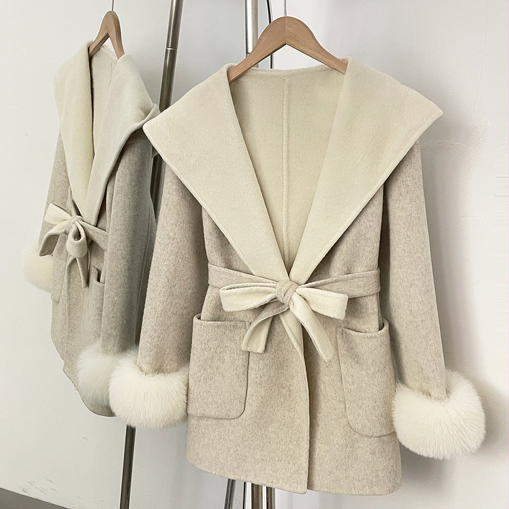 OFTBUY Belted Bow Pockets Winter Elegant Outerwear Jacket Female New Women's Wool Coat with Contrast Hood Real Fox Fur Cuffs