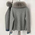 OFTBUY Denim Trim Warm Autumn Winter Fashion Outerwear Sweater Female New Women's Knit Cardigan with Large Real Fox Fur Collar