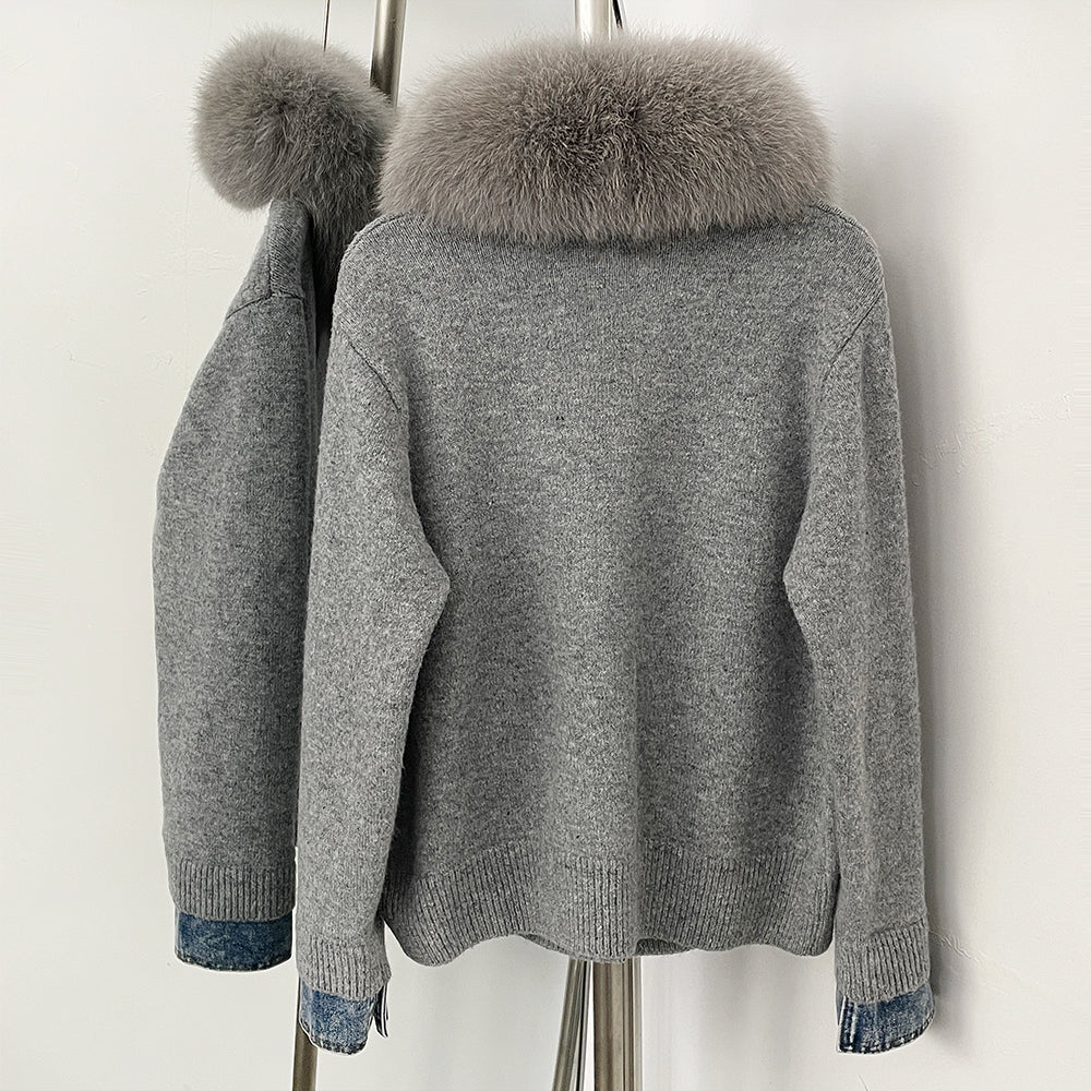 OFTBUY Denim Trim Warm Autumn Winter Fashion Outerwear Sweater Female New Women's Knit Cardigan with Large Real Fox Fur Collar