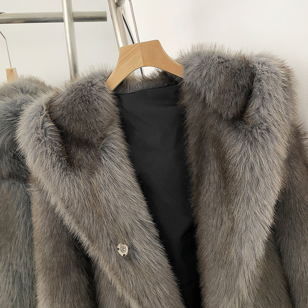 OFTBUY Luxury Hooded Faux Fur Jacket - Premium Vegan Silver Fox Style Cropped Winter Coat
