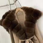 OFTBUY New Natural Fur Collar Long Knit Jacket Women Atrumn Winter Top Clothing Female Fashion Warm Belt Real Fox Fur Cardigan