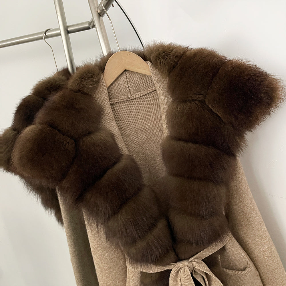 OFTBUY New Natural Fur Collar Long Knit Jacket Women Atrumn Winter Top Clothing Female Fashion Warm Belt Real Fox Fur Cardigan