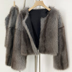 OFTBUY Luxury Collarless Faux Fur Jacket - Chic Short Fluffy Vegan Fur Coat for Women