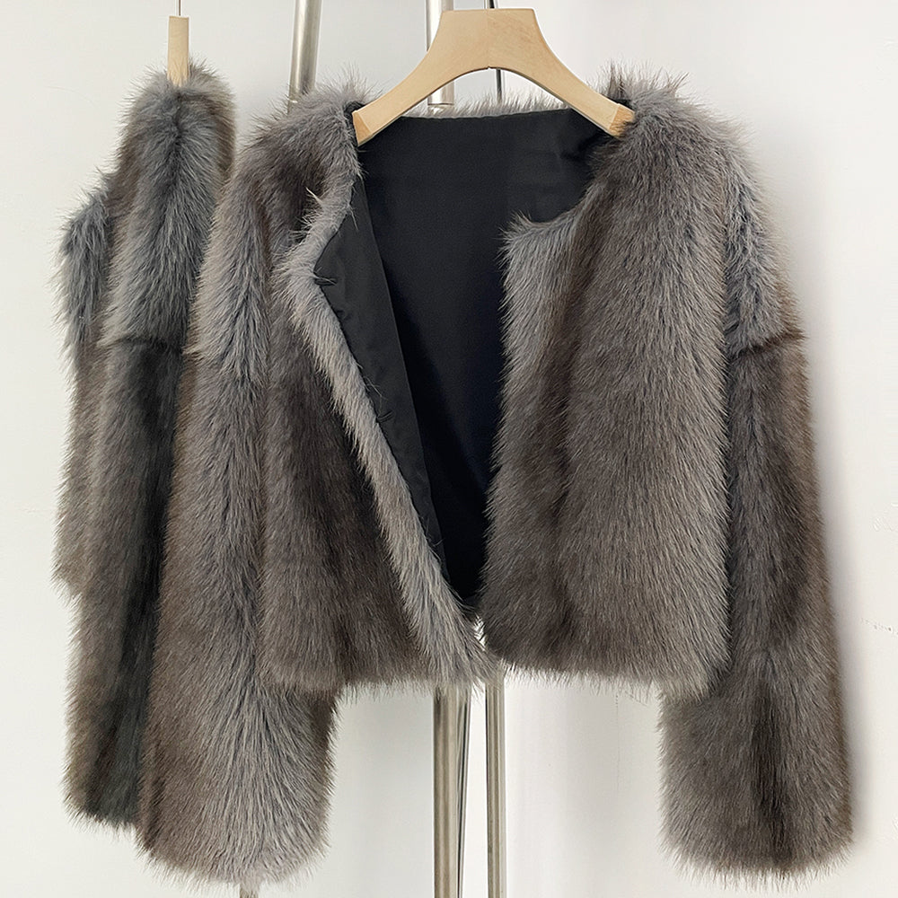 OFTBUY Luxury Collarless Faux Fur Jacket - Chic Short Fluffy Vegan Fur Coat for Women