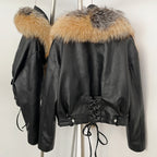 OFTBUY Women's Faux Leather Moto Jacket with Real Fox Fur Collar PU Leather Cropped Biker Coat with Lace-Up New Winter Outerwear