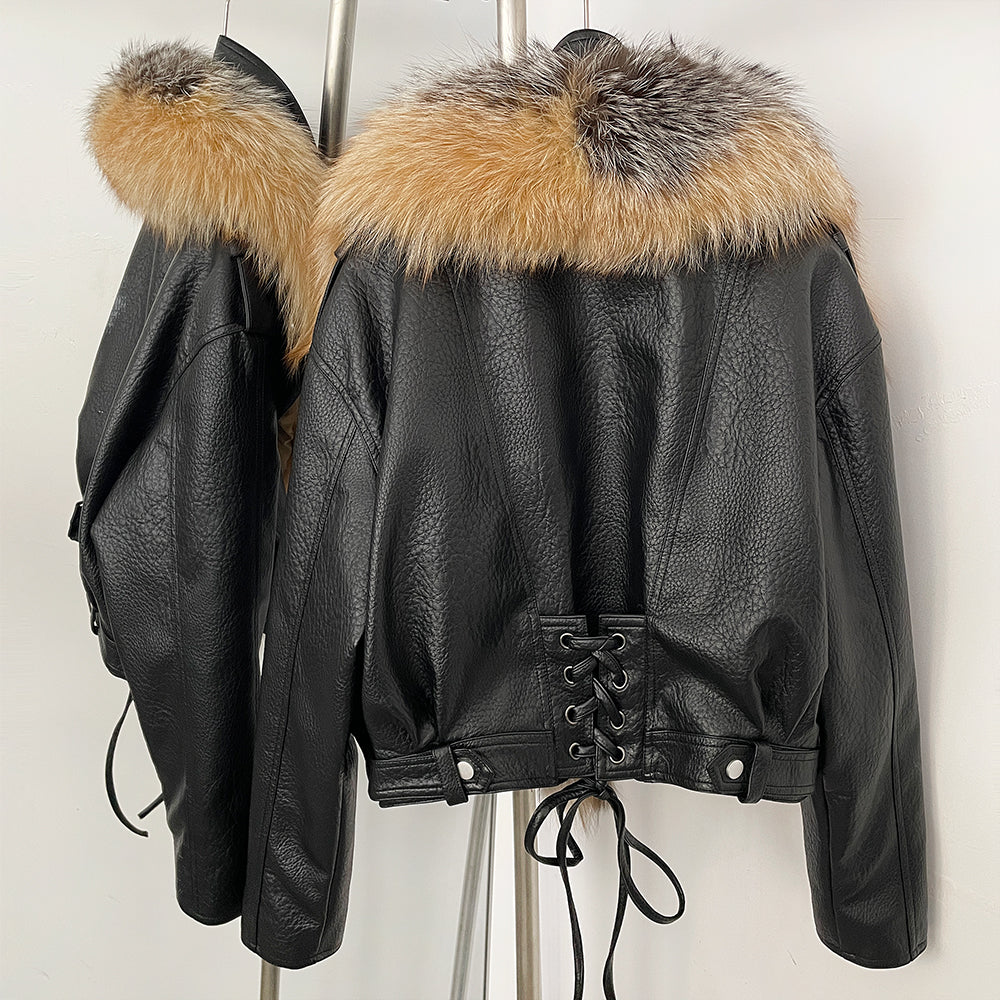 OFTBUY Women's Faux Leather Moto Jacket with Real Fox Fur Collar PU Leather Cropped Biker Coat with Lace-Up New Winter Outerwear