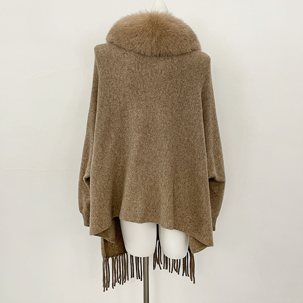 OFTBUY New Women's 100% Wool Knit Cape Coat with Real Fox Fur Collar Tassel Trim Warm Winter Elegant Outerwear Sweater Female