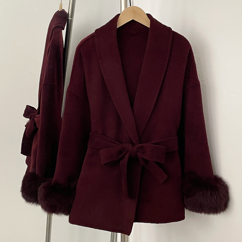 OFTBUY 100% Wool Wrap Belted Short Coat - Wide Shawl Lapel Real Fox Fur Cuff Luxury Double Sided Wool Jacket