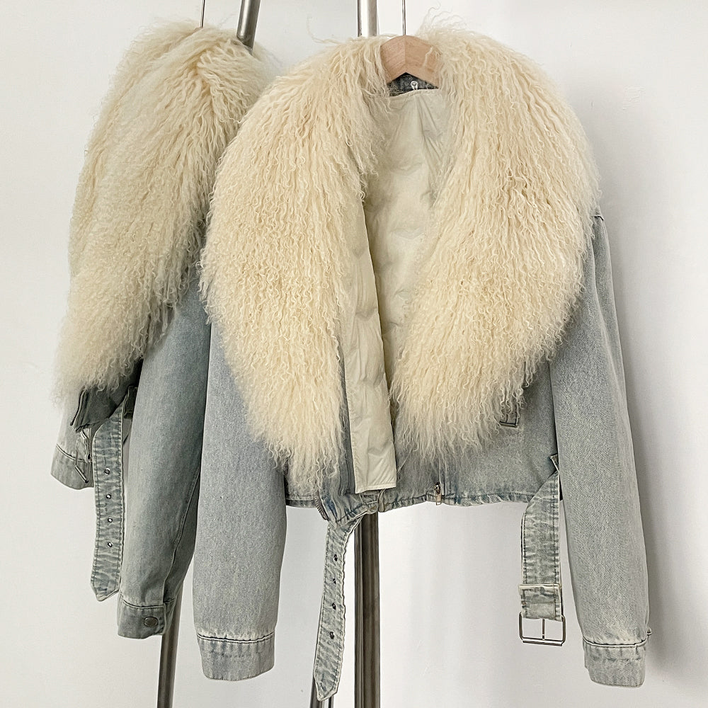 OFTBUY New Casual Fluffy Winter Clothes Women Short Mongolia Sheep Fur Collar Down Denim jacket Female Real Fur Puffer Jacket