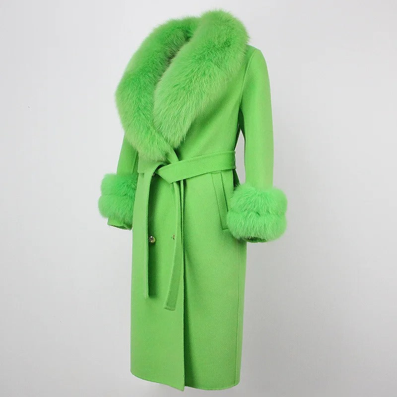 OFTBUY Winter Jacket Women Long Natural Wool Blends Cashmere Real Fur Coat Double Breasted Belt Warm Streetwear New Fashion