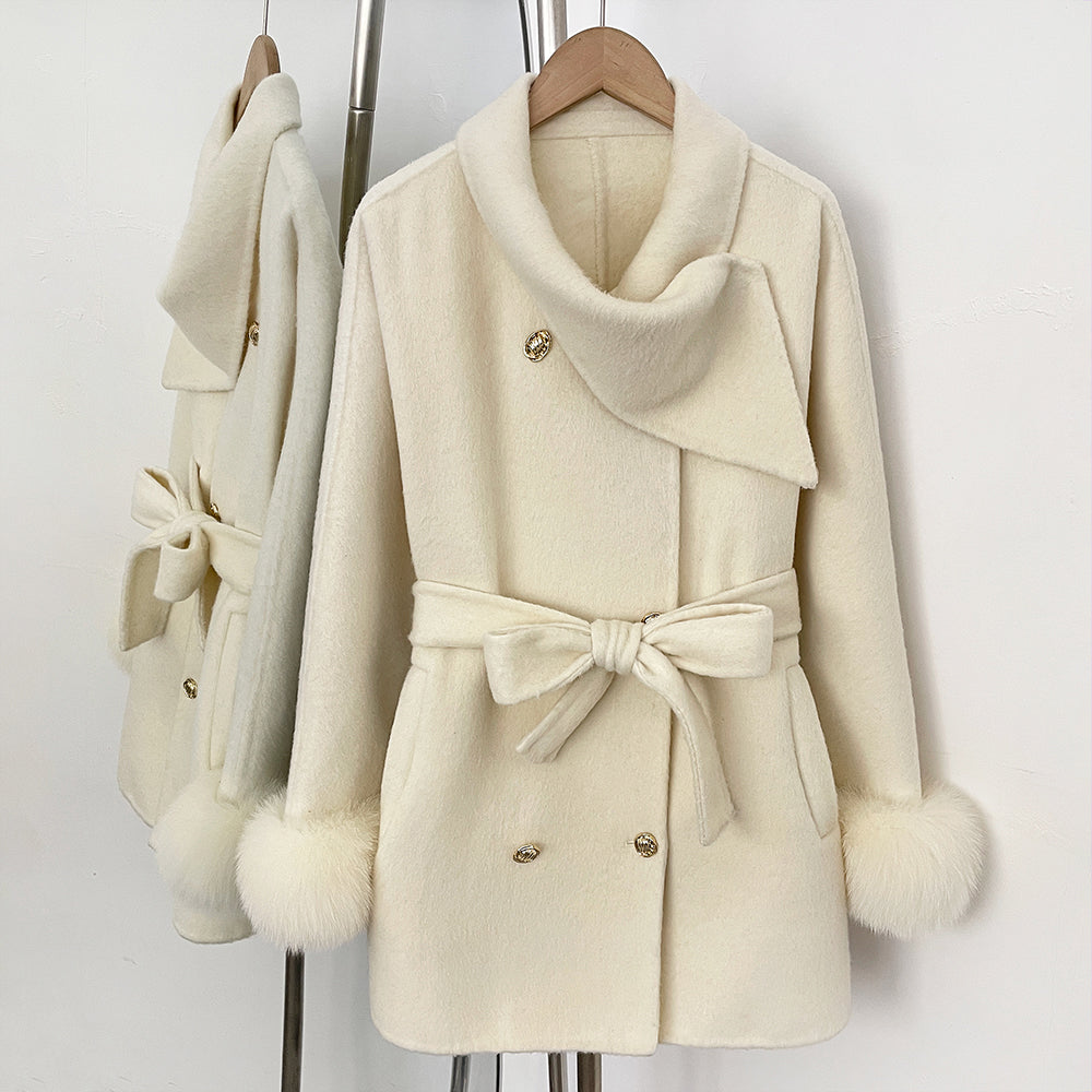 OFTBUY Gold Buttons Belted Bow Warm Winter Elegant Fashion Outerwear New Women's Double Face Wool Coat with Real Fox Fur Cuffs