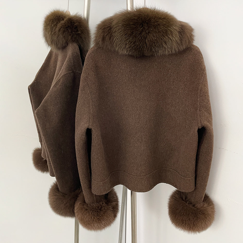 OFTBUY Women's Wool Coat with Real Fox Fur Trim Luxury Jacket with Fur Cuffs New Autumn Warm Winter Woolen Clothes Outerwear