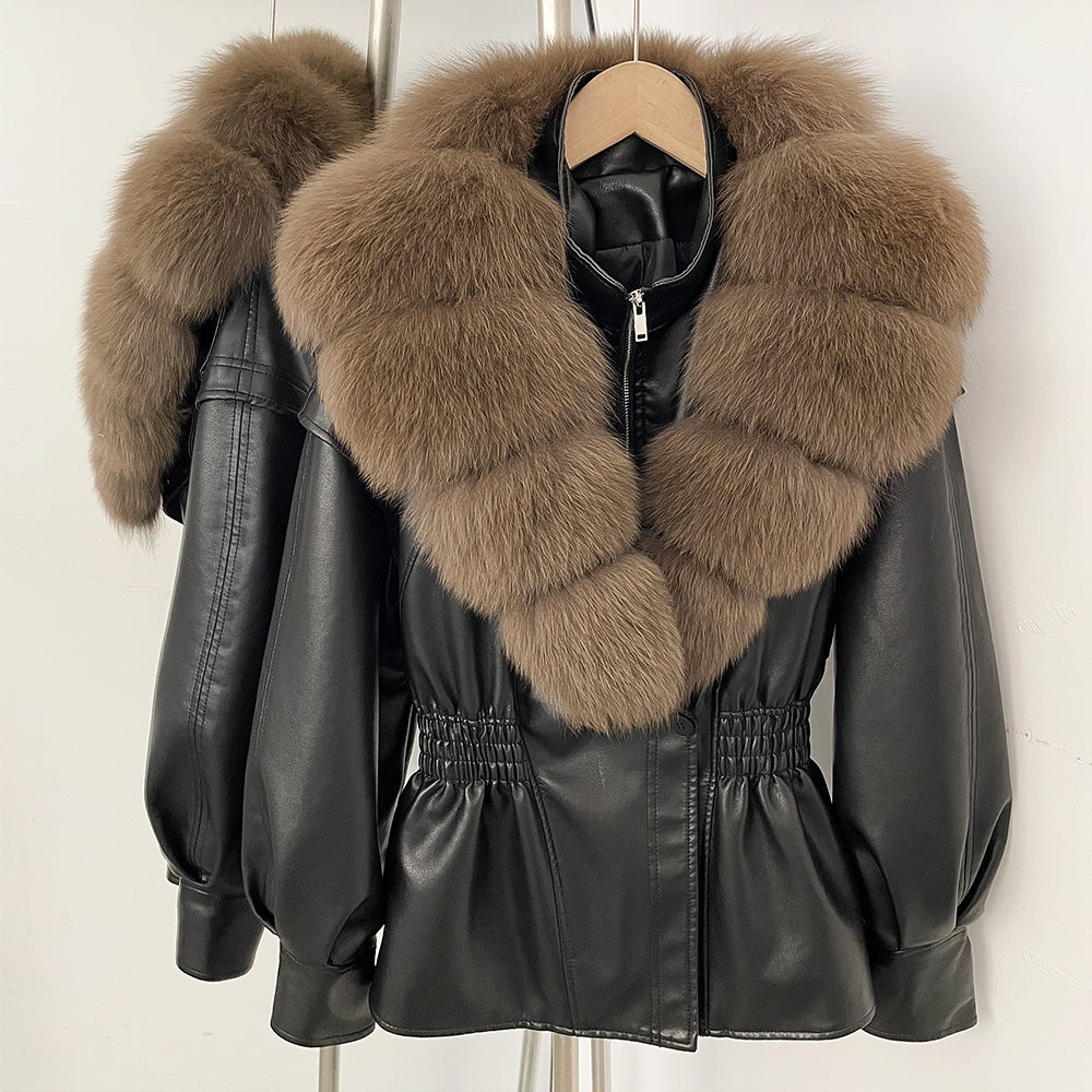 OFTBUY Women's Luxury Real Fox/Raccoon Fur Faux Leather Jacket Elastic Waist New Winter Coat Elegant PU Leather Outerwear Female