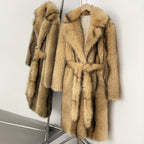 OFTBUY Luxury Long-Length Belted Faux Fur Coat - Premium Vegan Silver Fox Style Overcoat with Oversized Lapel