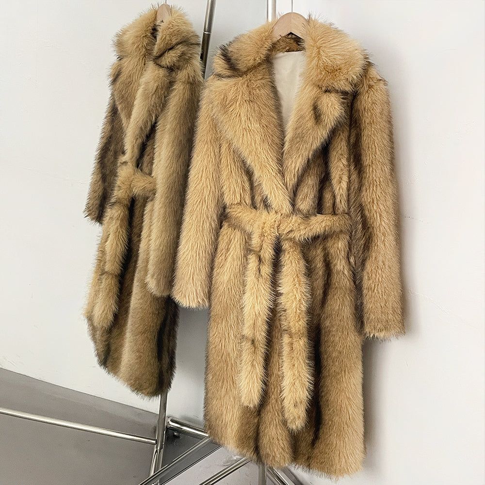 OFTBUY Luxury Long-Length Belted Faux Fur Coat - Premium Vegan Silver Fox Style Overcoat with Oversized Lapel