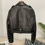 OFTBUY New Women's Genuine Leather Cropped Moto Jacket Crocodile Embossed Real Leather Biker Coat with Belt Punk Rock Outerwear