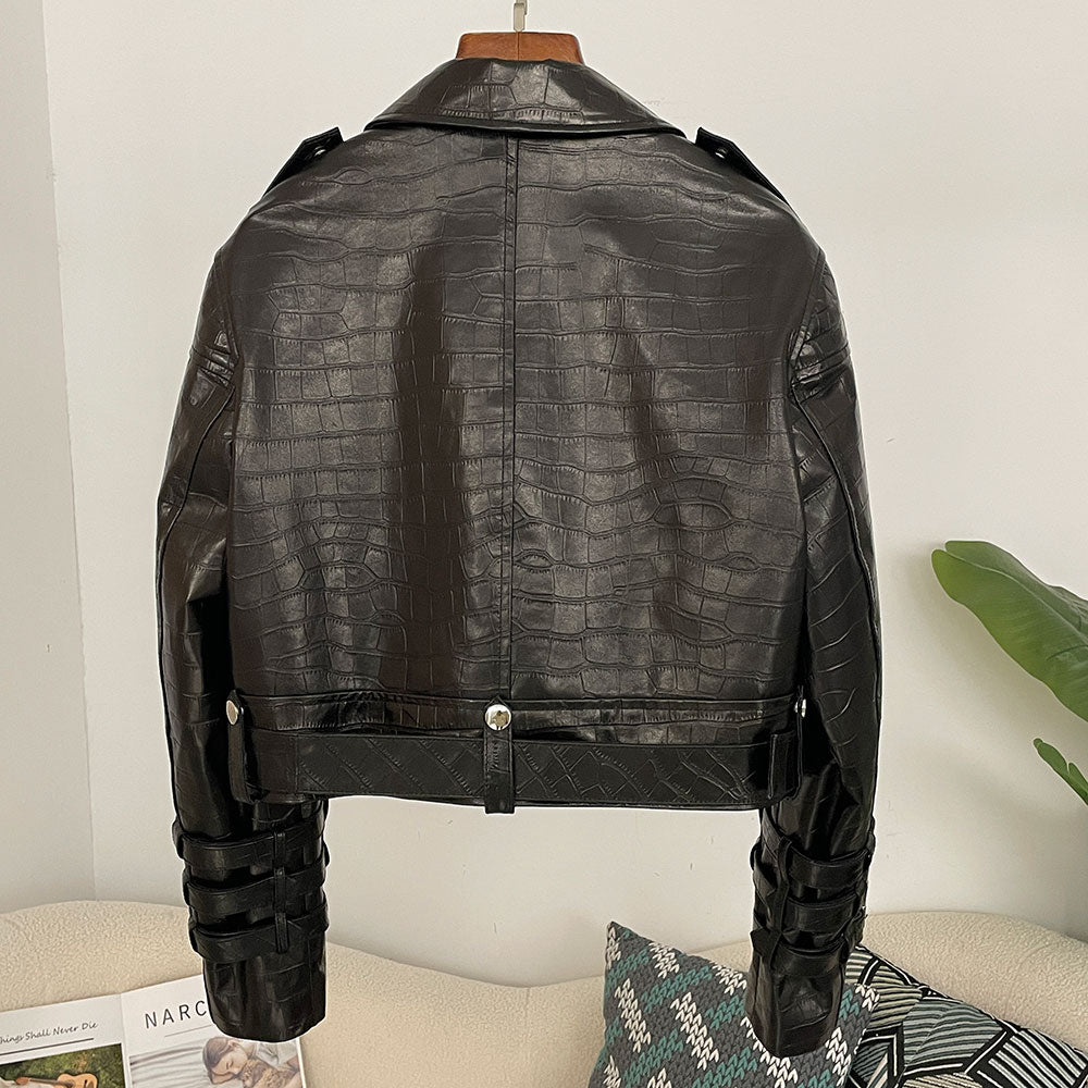 OFTBUY New Women's Genuine Leather Cropped Moto Jacket Crocodile Embossed Real Leather Biker Coat with Belt Punk Rock Outerwear